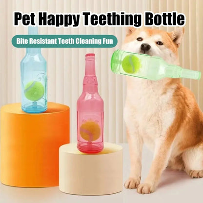 1Pc Dog Chew Toy with Tennis Ball, TPR Bottle-Shaped Interactive Dog Toy for Small Medium Dogs, Durable Fetch and Tug Toy for Indoor Outdoor Play, Puppy Teething, Exercise, Training and Boredom Relief