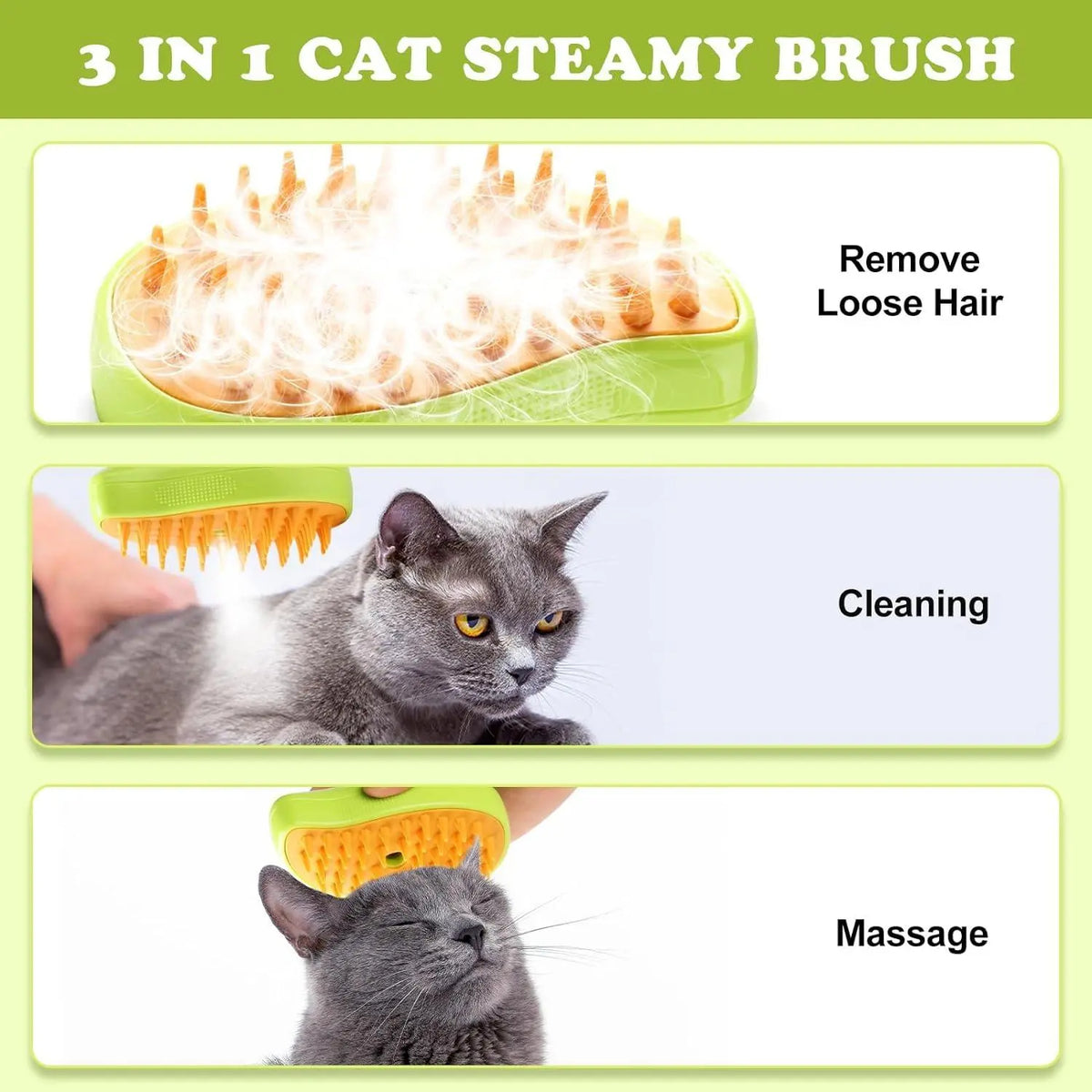 3-in-1 spray brush removes loose hair, cleans and massages