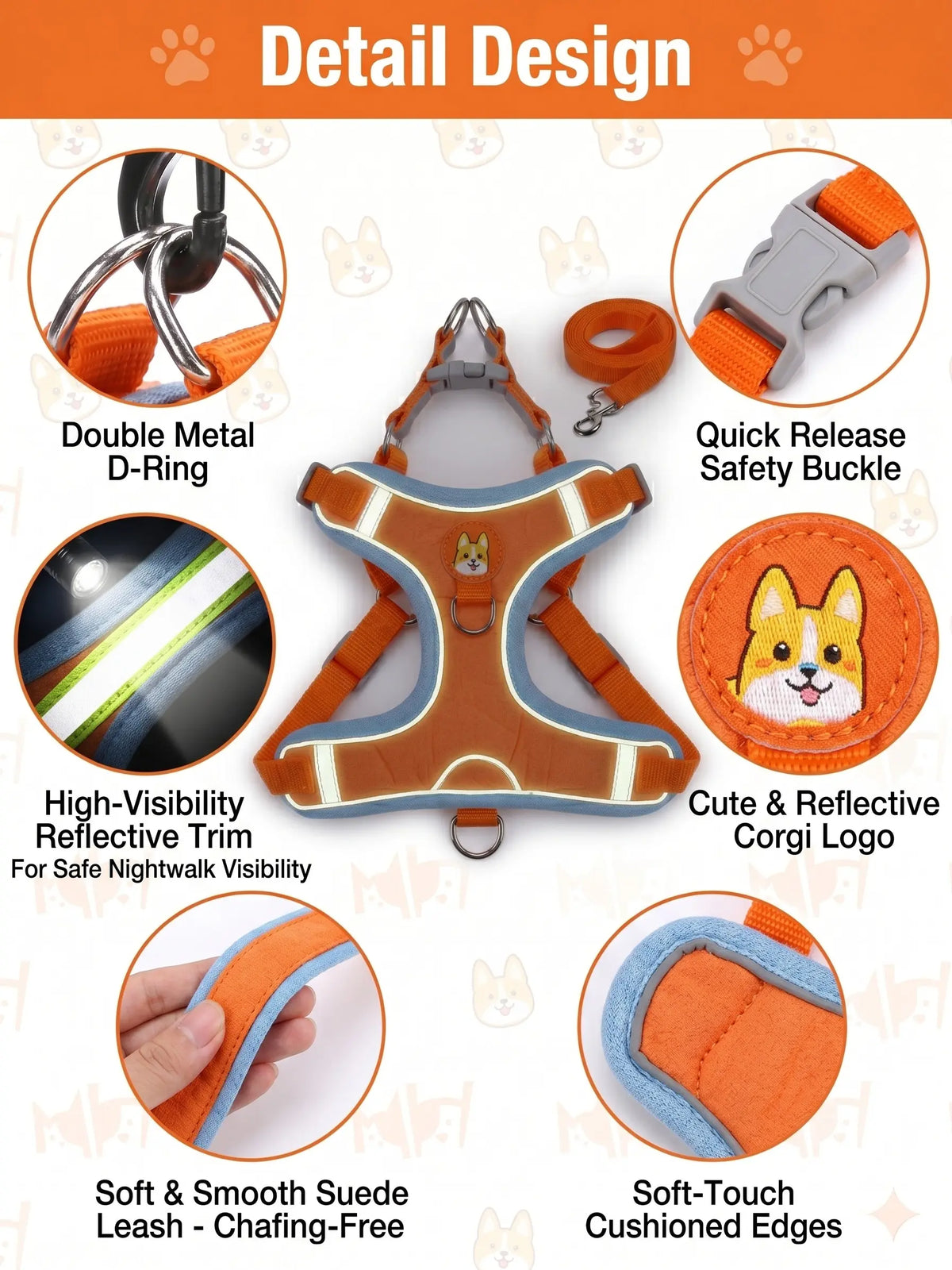 Suede pet harness details: D-ring, safety buckle, reflective trim