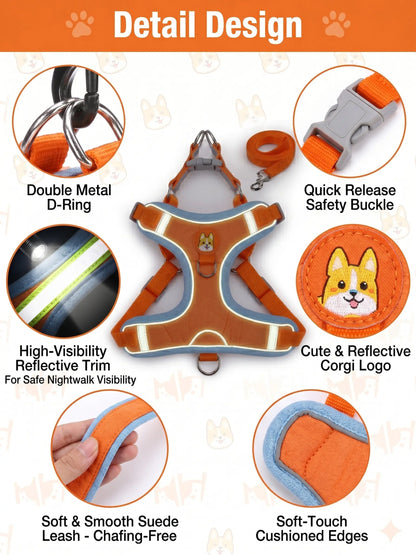 Suede pet harness details: D-ring, safety buckle, reflective trim
