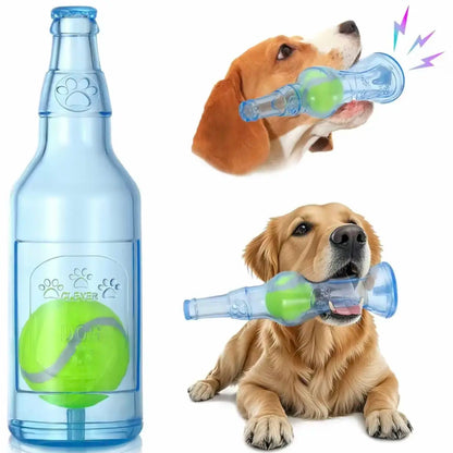 1Pc Dog Chew Toy with Tennis Ball, TPR Bottle-Shaped Interactive Dog Toy for Small Medium Dogs, Durable Fetch and Tug Toy for Indoor Outdoor Play, Puppy Teething, Exercise, Training and Boredom Relief