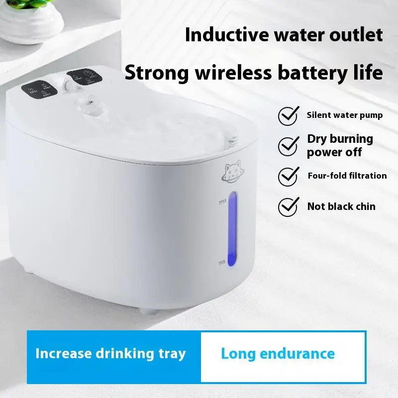 Pet water fountain features: silent pump, auto power-off, wide tray