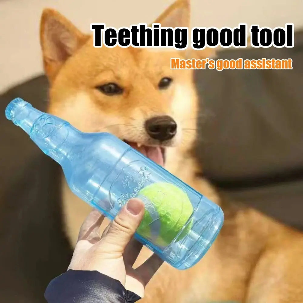 1Pc Dog Chew Toy with Tennis Ball, TPR Bottle-Shaped Interactive Dog Toy for Small Medium Dogs, Durable Fetch and Tug Toy for Indoor Outdoor Play, Puppy Teething, Exercise, Training and Boredom Relief