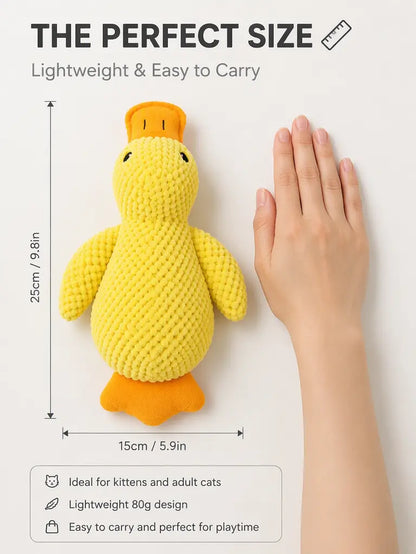Duck cat toy size compared to a hand