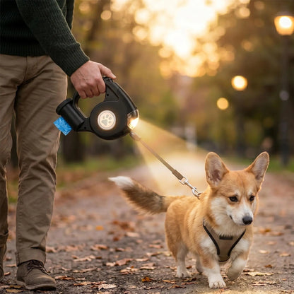 Retractable Nylon Ribbon Dog Leash - Tangle-Free Heavy-Duty Leash with Light, Waste Bag Holder, Easy Control for Night Safety, Small-Medium Dog Puppy Essential Accessory
