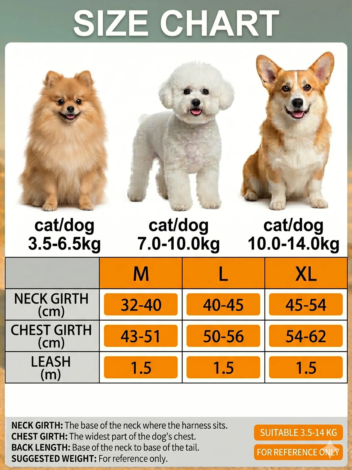 Pet harness size chart for M, L and XL