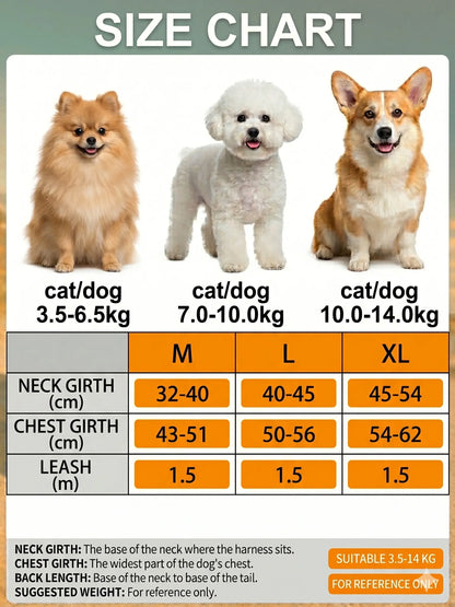 Pet harness size chart for M, L and XL