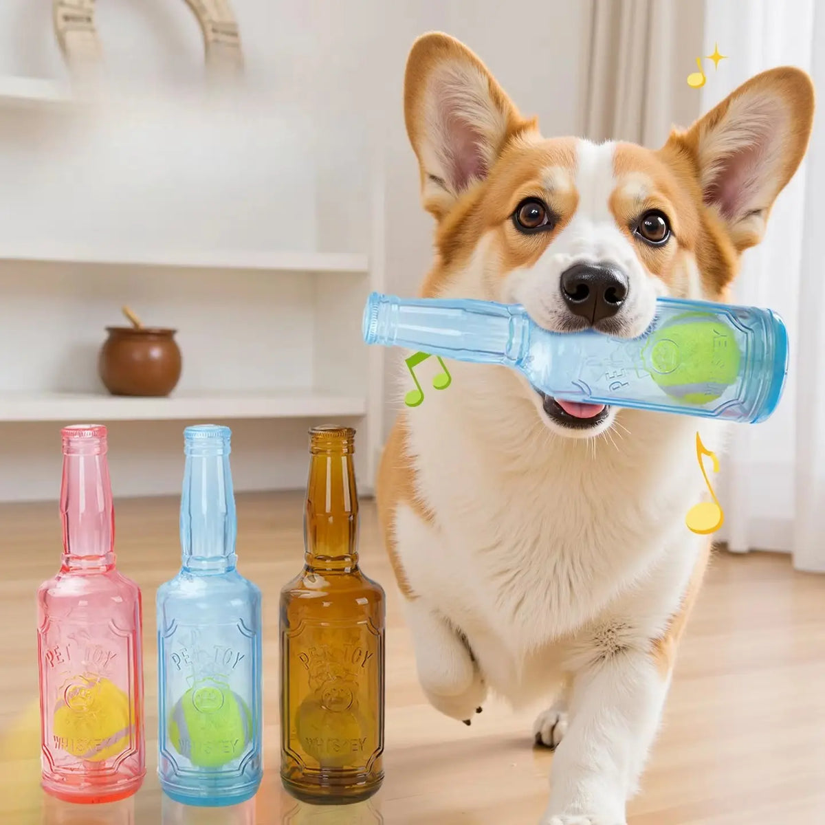 1Pc Dog Chew Toy with Tennis Ball, TPR Bottle-Shaped Interactive Dog Toy for Small Medium Dogs, Durable Fetch and Tug Toy for Indoor Outdoor Play, Puppy Teething, Exercise, Training and Boredom Relief